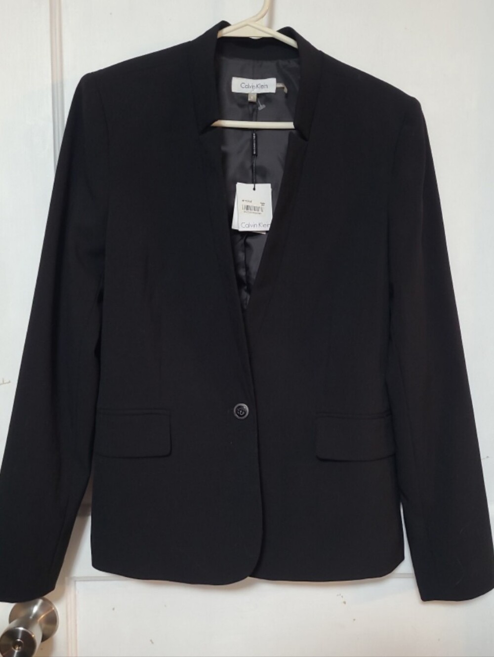 New Calvin Klein Black Collarless Single-Button Blazer 6